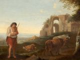 a painting of a man standing next to a herd of cattle