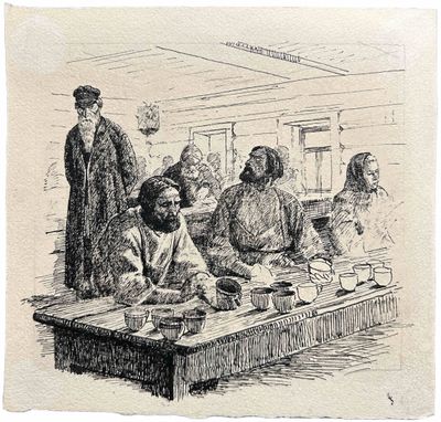 dessin d'un groupe de personnes assises autour d'une table dans une pièce
