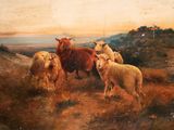 painting of a herd of sheep standing on top of a grass covered hillside