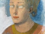 an oil painting of a young girl with blue eyes and a red shirt