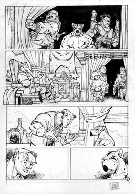 une page en noir et blanc d'une bande dessinée mettant en scène des personnages de BD