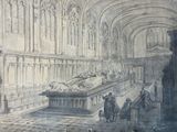 a drawing of a large room with a statue in it