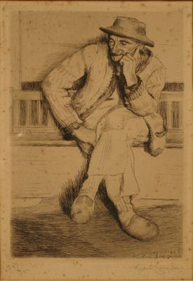 dessin représentant un homme assis sur un banc, coiffé d'un chapeau