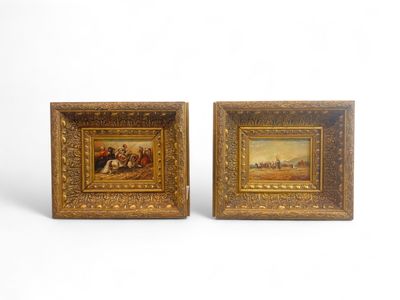 pair of 19th century oil on canvas paintings of figures in a landscape