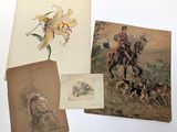 three old postcards of a man riding a horse and a dog