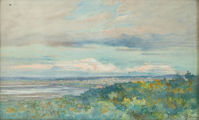 un tableau représentant une vue sur l'océan depuis une colline