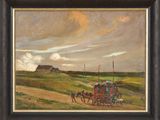 une peinture à l'huile représentant une calèche tirée par des chevaux sur un chemin de terre