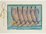 drawing of a group of bananas on a green background with a gold chain