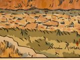 an image of a painting of a field with birds flying over it