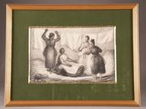 an image of a drawing of two women and a man on a bed