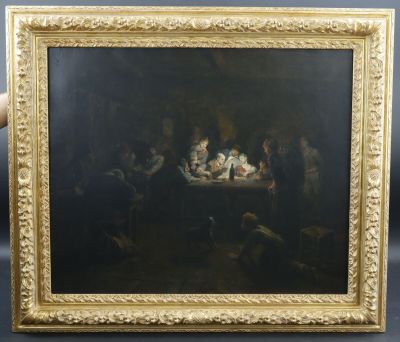une peinture représentant un groupe de personnes assises autour d'une table