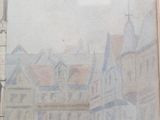 a picture of a painting of a street with a clock tower in the background