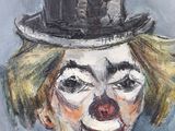 painting of a clown wearing a top hat and a scarf