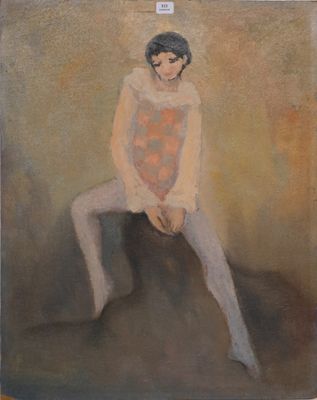 tableau représentant une femme assise sur un rocher, les jambes croisées