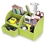 deux bacs verts contenant des stylos, des crayons, des ciseaux et d'autres fournitures de bureau