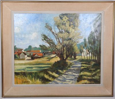 une peinture à l'huile représentant une route de campagne avec des arbres et des maisons en arrière-plan
