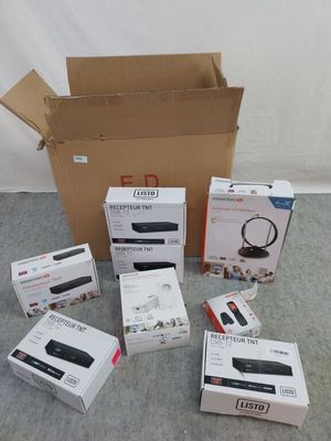 several boxes of electronic devices are sitting on the floor next to a cardboard box