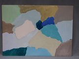 abstract painting of blue, green, yellow, and white shapes on a canvas