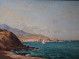 a painting of a view of a beach with sailboats in the water