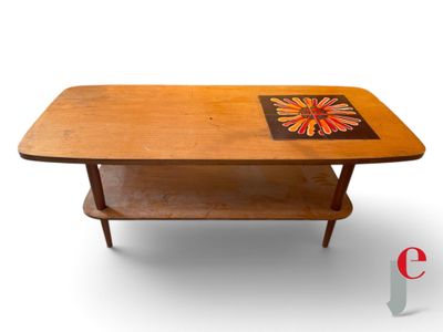 an image of a wooden table with a tile on top of it