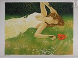 un tableau représentant une femme allongée dans l'herbe, entourée de fleurs
