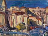 une peinture à l'huile représentant des bateaux dans un port avec des bâtiments à l'arrière-plan