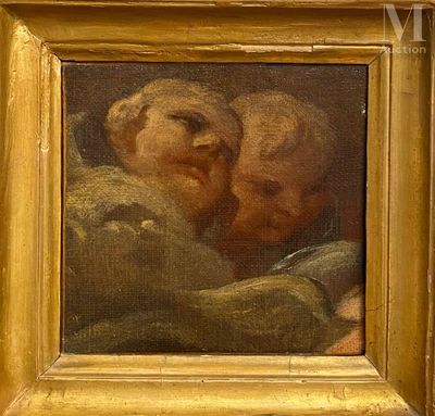 une peinture à l'huile représentant un bébé endormi sur une couverture, dans un cadre doré
