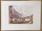an image of a painting of a village with a mountain in the background