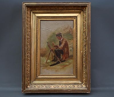 un vieux tableau représentant un homme avec une canne et un chien