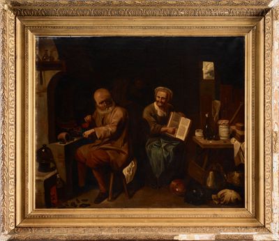 painting of a man and a woman reading a book in a room