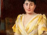 painting of a woman in a yellow dress sitting in a chair