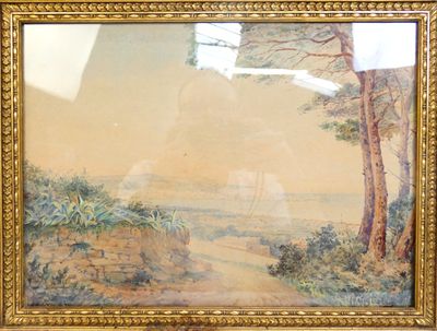 peinture représentant un paysage avec des arbres et une route au premier plan