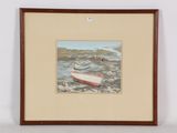 une image d'un tableau représentant un bateau sur la plage