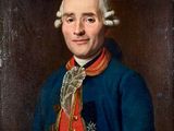a painting of a man wearing a blue coat and red pants
