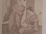 painting of a woman playing a musical instrument in a room