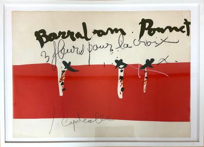 photo encadrée représentant une image rouge et blanche sur laquelle figure une inscription