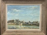 an oil painting of a view of a town and a river