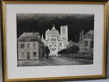 framed drawing of a cathedral in a city with trees in the foreground