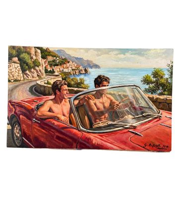 un tableau représentant deux hommes au volant d'une voiture de sport rouge