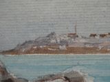 une aquarelle représentant un phare sur un rivage rocheux