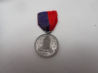 the medal is sitting on a white surface with a red and blue ribbon
