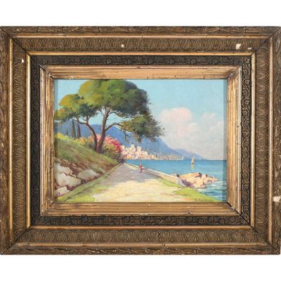 un tableau représentant une scène de plage avec un sentier menant au bord de l'eau