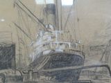 un dessin représentant un bateau dans un port, avec un bâtiment en arrière-plan
