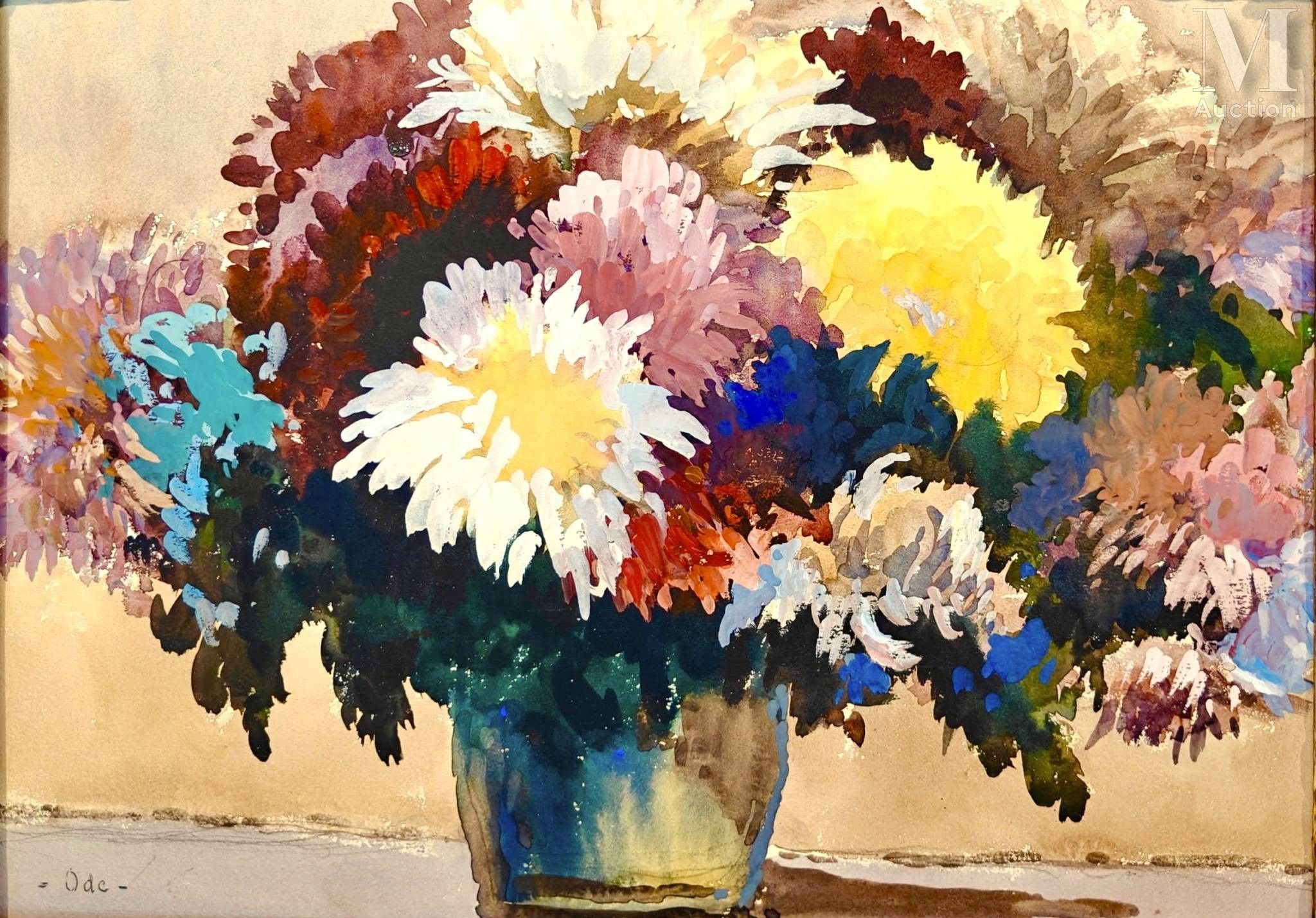 Louis ODE (1902-1974) Nature morte au vase de fleurs Aquarelle et crayon sur panneau Signature en bas à gauche 31.5 x...