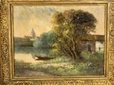 an image of a painting of a boat on a river
