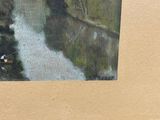 a picture of a painting of a river in the woods