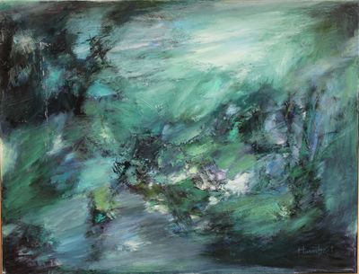une peinture à l'huile représentant un paysage vert et bleu avec des arbres