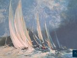 a painting of sailboats sailing in the ocean