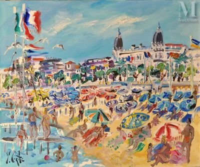 an oil painting of a beach scene with umbrellas and people