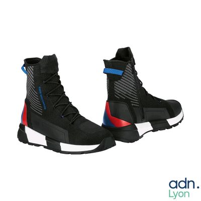 men ' s black and blue boots with red and blue accents